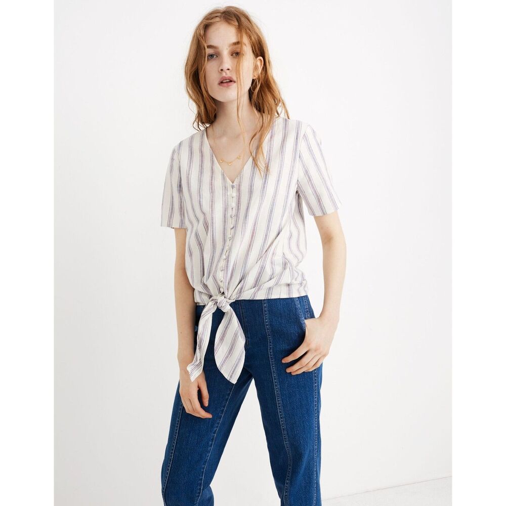 Madewell Womens S Agency Tie-Front Button Top in Sarasota Stripe Linen Cotton
